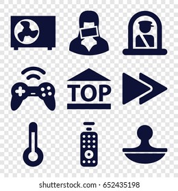 Control icons set. set of 9 control filled icons such as airport officer, top of cargo box, censored woman, fast forward, stamp, air conditioner, temperature, remote control