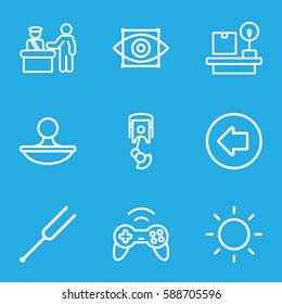 control icons set. Set of 9 control outline icons such as pass control, arrow left, lugagge weight, tonometer, stamp, contrast, robot arm, joystick