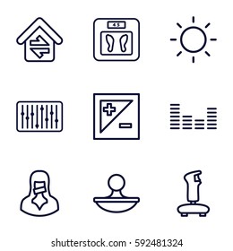 control icons set. Set of 9 control outline icons such as floor scales, censored woman, equalizer, slider, stamp, light exposure, contrast, home connection