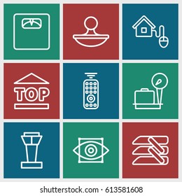 Control icons set. set of 9 control outline icons such as airport tower, lugagge weight, floor scales, top of cargo box, stamp, blinds, smart home, remote control