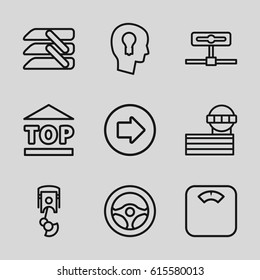 Control icons set. set of 9 control outline icons such as arrow right, airport tower, top of cargo box, blinds, keyhole in head, robot arm, steering wheel, camera