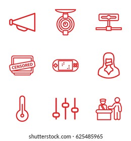 Control icons set. set of 9 control outline icons such as pass control, megaphone, censored woman, censored, temperature, portable game console, spy camera, adjust