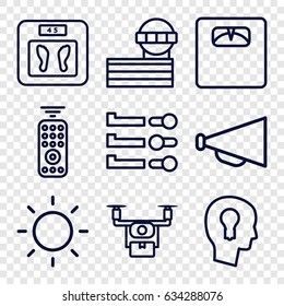 Control icons set. set of 9 control outline icons such as airport tower, floor scales, megaphone, contrast, keyhole in head, remote control, medical drone