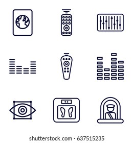 Control icons set. set of 9 control outline icons such as airport officer, floor scales, remote control, equalizer, slider, passport