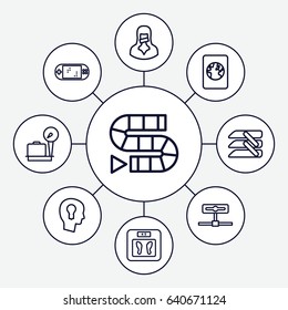 Control icons set. set of 9 control outline icons such as lugagge weight, floor scales, censored woman, blinds, keyhole in head, passport, portable game console, camera