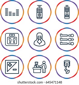 Control icons set. set of 9 control outline icons such as floor scales, censored woman, equalizer, light exposure, robot arm