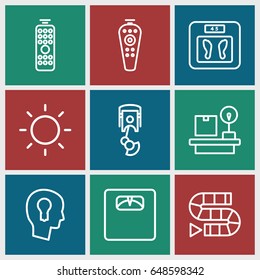 Control icons set. set of 9 control outline icons such as floor scales, lugagge weight, remote control, contrast, keyhole in head, robot arm