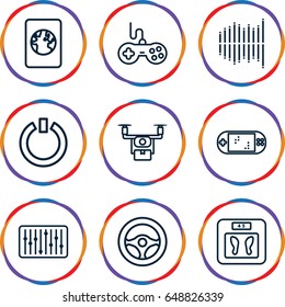 Control icons set. set of 9 control outline icons such as joystick, floor scales, slider, equalizer, switch off, passport, portable game console, steering wheel