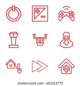 Control icons set. set of 9 control outline icons such as airport tower, censored woman, fast forward, light exposure, home connection, smart home, switch off, joystick