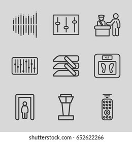 Control icons set. set of 9 control outline icons such as airport tower, metal gate detector, floor scales, sliders, slider, equalizer
