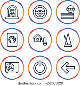Control icons set. set of 9 control outline icons such as airport officer, airport tower, metronome, smart home, air conditioner, switch off, passport, steering wheel