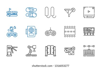 control icons set. Collection of control with keyboard, robot, turnstiles, industrial robot, airport, runway, gamepad, passport, video player. Editable and scalable control icons.