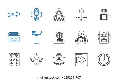 control icons set. Collection of control with power, fast forward, industrial robot, robot, video player, passport, cctv, keyboard, valve. Editable and scalable control icons.