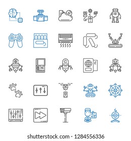 control icons set. Collection of control with robot, driver, cctv, fast forward, levels, rudder, drone, pawprints, passport, industrial robot. Editable and scalable control icons.