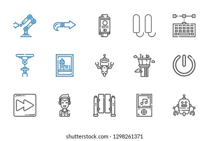 control icons set. Collection of control with robot, music player, turnstiles, marshall, fast forward, power, control tower, stamp, industrial robot. Editable and scalable icons.