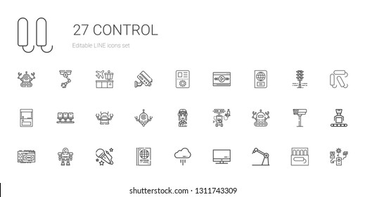 control icons set. Collection of control with robot, screen, cloud, passport, voice, recorder, pilot, seats, arcade, video player, tampon. Editable and scalable control icons.