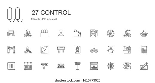 control icons set. Collection of control with rudder, video, cctv, seats, filter, keyboard, pause, industrial robot, gamepad, recorder, air conditioner. Editable and scalable control icons.