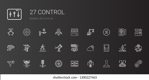 control icons set. Collection of control with stamp, robot, video player, traffic light, runway, filter, arcade, cloud, industrial robot. Editable and scalable control icons.
