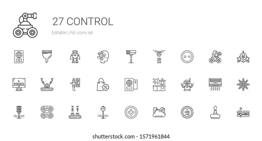 control icons set. Collection of control with stamp, cloud, button, stop sign, industrial robot, gamepad, traffic light, robot, airport, passport. Editable and scalable control icons.