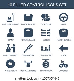 control icons. Trendy 16 control icons. Contain icons such as luggage weight, floor scales, dice game, wheel, stamp, slider, pass control, tonometer. icon for web and mobile.
