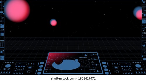 Control interface panel of spaceship interior and cosmic planet voyage view and perspective lines, cockpit view inside, vhs 80s vibe