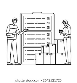 controle o vetor de gerenciamento de inventário. distribuição de armazenamento, varejo digital, setor de entrega controle de inventário caráter de gerenciamento de inventário. pessoas linha preta lápis desenho ilustração