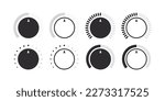 Control knob. Volume level handle, rotary dials with round scale and round controller. Vector illustration