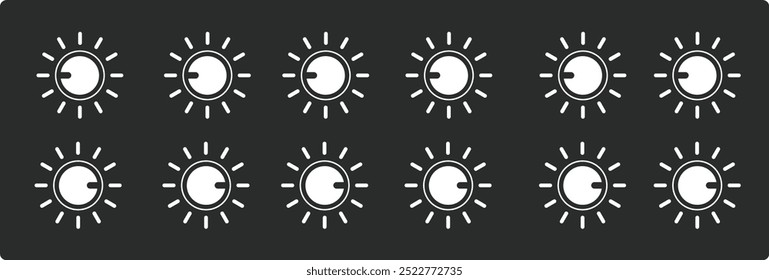 Botões de controle. Ajustando ícones do regulador. Discagem de ajuste. Mostradores rotativos com botão de nível de volume de escala redonda e controlador redondo. Botão de nível de volume com escala redonda