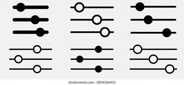 Control Knobs Icon. Vector icon representing three horizontal slider controls with empty circles, indicating adjustable settings or filter options in a digital interface.