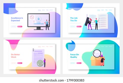 Control Landing Page Template Set. Tiny Characters with Documents at Huge Computer Controlling Goods Quality. Internet Security Access, Inventory Committee Check. Cartoon People Vector Illustration