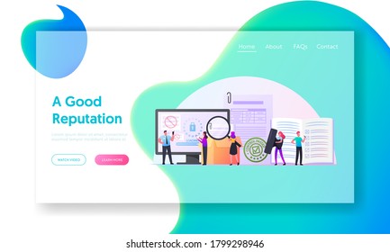 Control Landing Page Template. Tiny Characters with Documents at Huge Computer Controlling Goods Quality. Internet Security Access, Inventory Committee Check Docs. Cartoon People Vector Illustration