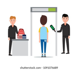 Control luggage in airport security men wearing special uniform holding scanner helping to detect dangerous elements isolated on vector illustration