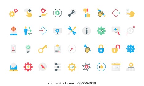 Steuerung und Verwaltung von System-Produktivitätslinien-Icons Set Vektorgrafik. Umrissgetriebe und Zahnräder von Maschinen-, Reparatur- und Wartungswerkzeugen für Modifikation und Einrichtung.