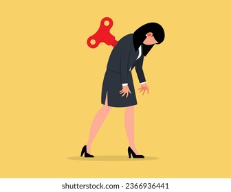 Control manipulation and marionette concept. Tired businesswomen standing with huge key in her back