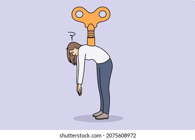 Control manipulation and marionette concept. Young tired woman standing with huge key in her back over grey background vector illustration 