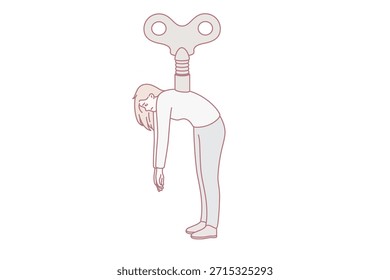 Manipulación de control y concepto de marioneta. Mujer cansada joven que se coloca con la llave enorme en su espalda sobre la Ilustración vectorial gris del fondo