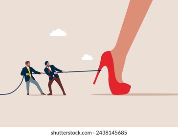 Control. Men pulling rope the legs one female. Flat vector illustration.