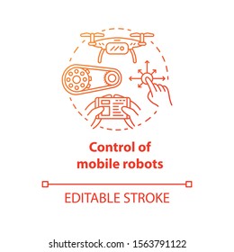 Control of mobile robots red concept icon. Motion at distance idea thin line illustration. Software and controllers for drones, devices. Vector isolated outline drawing. Editable stroke
