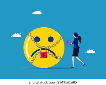 Control negative emotions. Businesswoman standing with negative thinking icon blocked with padlock 