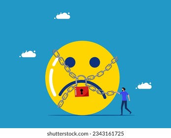 Control negative emotions. man standing with negative thinking icon blocked with padlock 