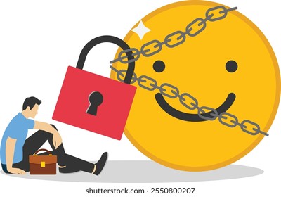 Control negative emotions. man standing with negative thinking icon blocked with padlock

