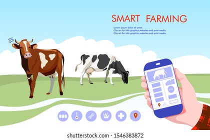 Control  on a dairy farm by mobile application. Smart farming.Vector illustration.