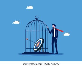 Control over goals or lack of freedom to achieve them. Businessman keeps target in cage