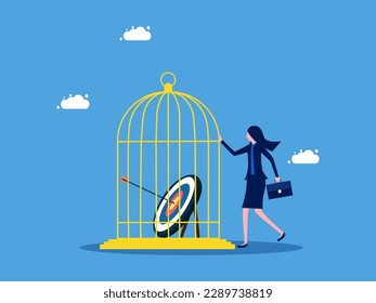 Control over goals or lack of freedom to achieve them. Businesswoman keeps target in cage