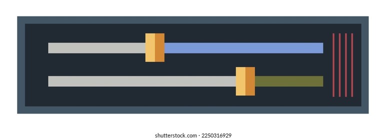 Bedienfeld mit Einstellknöpfen und Schaltgeräten. Einzelne Details und Teil der Anwendung oder des Programms für Computer oder Handy. Industrieknöpfe zum Ein- und Ausschalten. Vektorgrafik im Flachstil