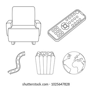 Control panel, an armchair for viewing, popcorn.Films and movies set collection icons in outline style vector symbol stock illustration web.