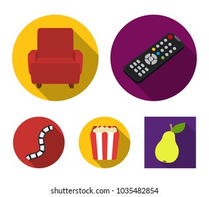 Control panel, an armchair for viewing, popcorn.Films and movies set collection icons in flat style vector symbol stock illustration web.