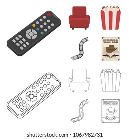 Control panel, an armchair for viewing, popcorn.Films and movies set collection icons in cartoon,outline style vector symbol stock illustration web.