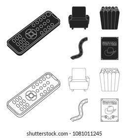 Control panel, an armchair for viewing, popcorn.Films and movies set collection icons in black,outline style vector symbol stock illustration web.