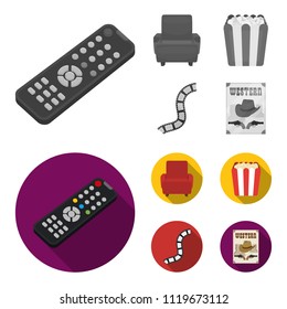 Control panel, an armchair for viewing, popcorn.Films and movies set collection icons in monochrome,flat style vector symbol stock illustration web.